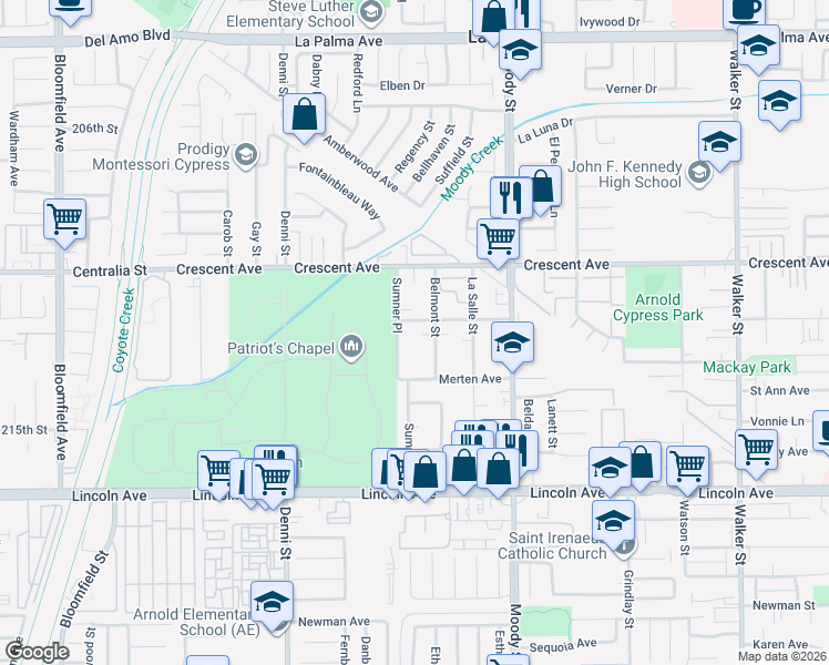 map of restaurants, bars, coffee shops, grocery stores, and more near 4772 Grace Avenue in Cypress