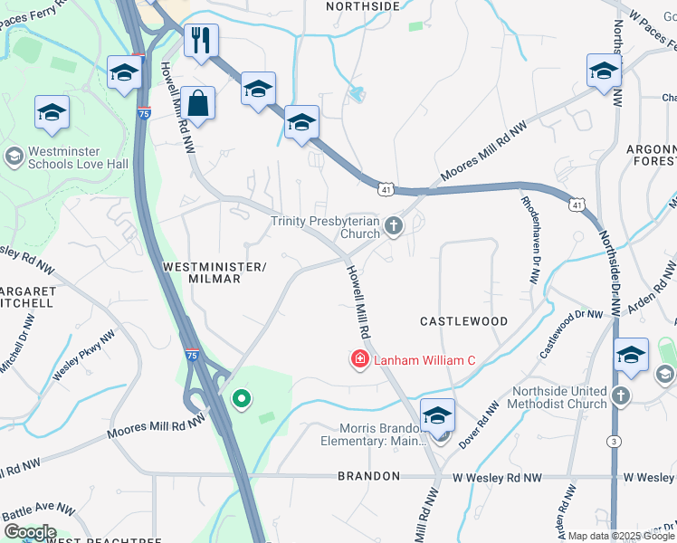 map of restaurants, bars, coffee shops, grocery stores, and more near 3000 Howell Mill Road Northwest in Atlanta