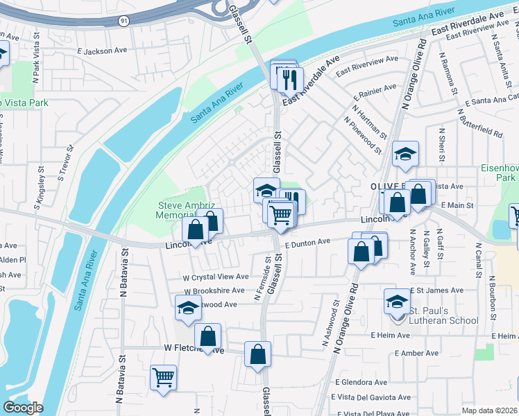 map of restaurants, bars, coffee shops, grocery stores, and more near 347 West Linden Drive in Orange