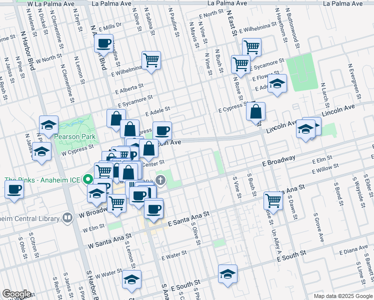 map of restaurants, bars, coffee shops, grocery stores, and more near 405 Lincoln Avenue in Anaheim