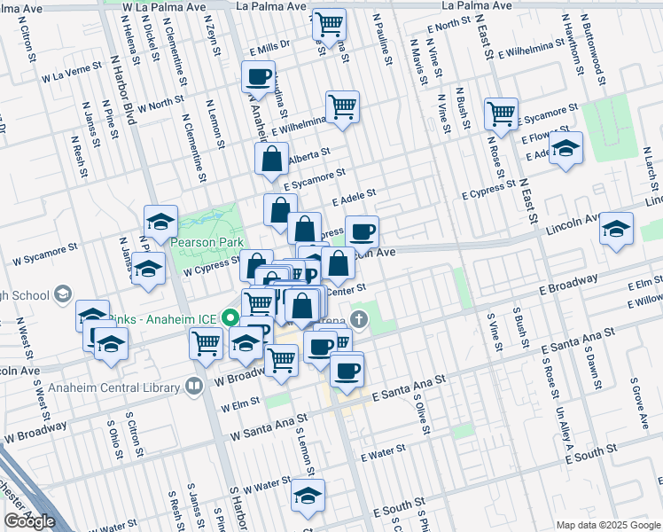 map of restaurants, bars, coffee shops, grocery stores, and more near 280 East Lincoln Avenue in Anaheim