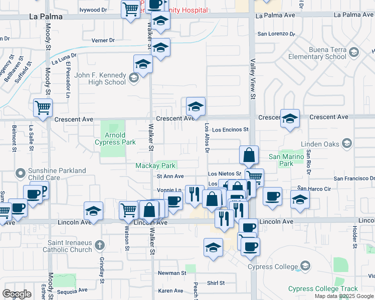map of restaurants, bars, coffee shops, grocery stores, and more near 8641 Cypress Avenue in Cypress