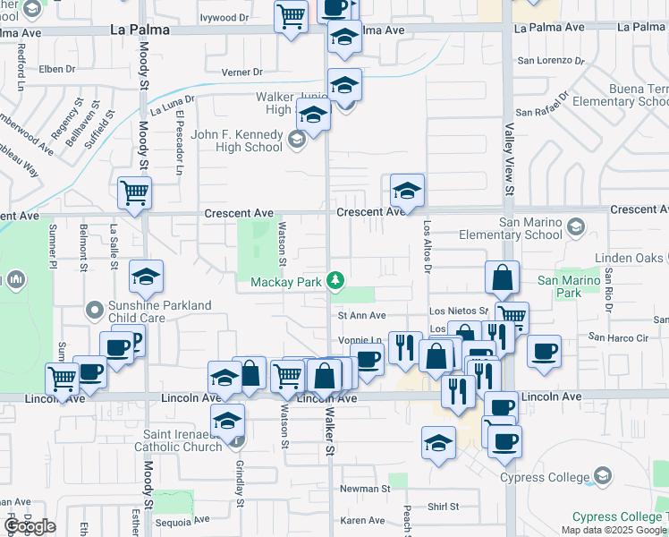 map of restaurants, bars, coffee shops, grocery stores, and more near 8621 La Homa Street in Cypress