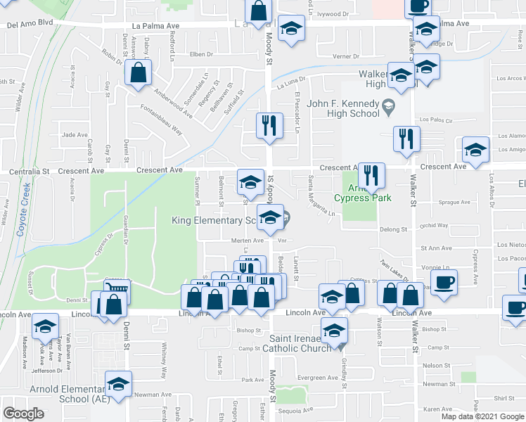 map of restaurants, bars, coffee shops, grocery stores, and more near 8632 La Salle Street in Cypress