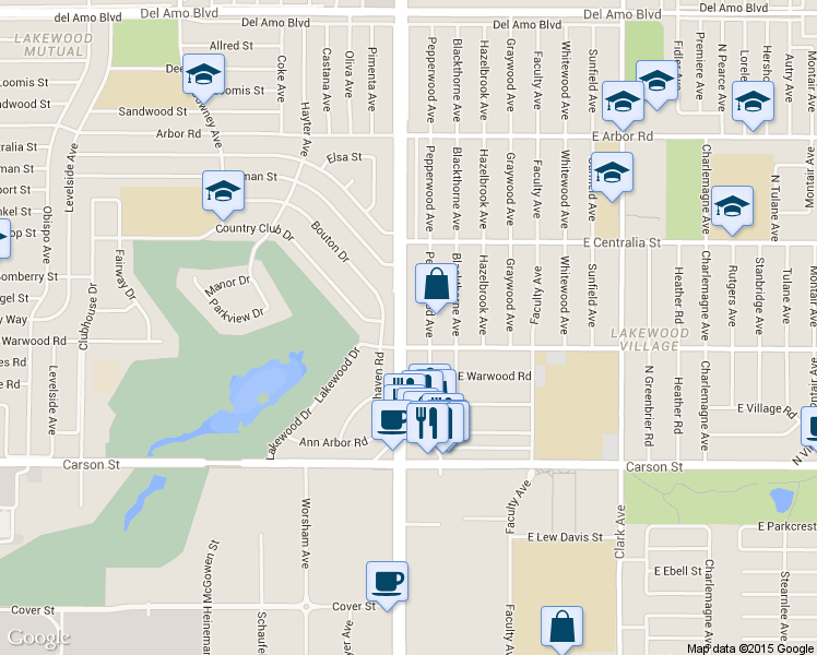 map of restaurants, bars, coffee shops, grocery stores, and more near 4325 Pepperwood Avenue in Long Beach