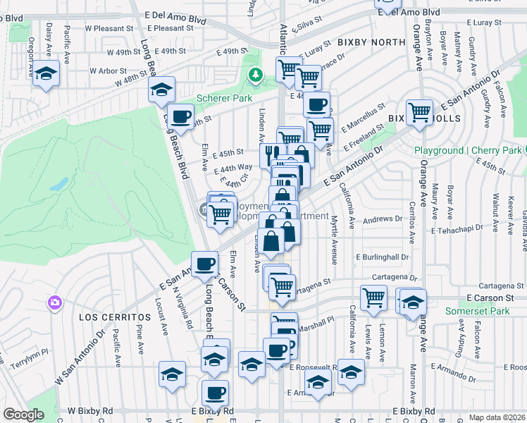 map of restaurants, bars, coffee shops, grocery stores, and more near 4416 Linden Avenue in Long Beach