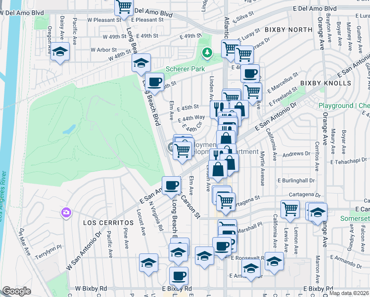 map of restaurants, bars, coffee shops, grocery stores, and more near 404 East Freeland Street in Long Beach