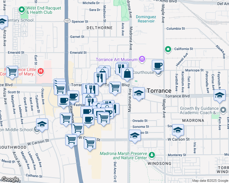 map of restaurants, bars, coffee shops, grocery stores, and more near 3538 Torrance Boulevard in Torrance
