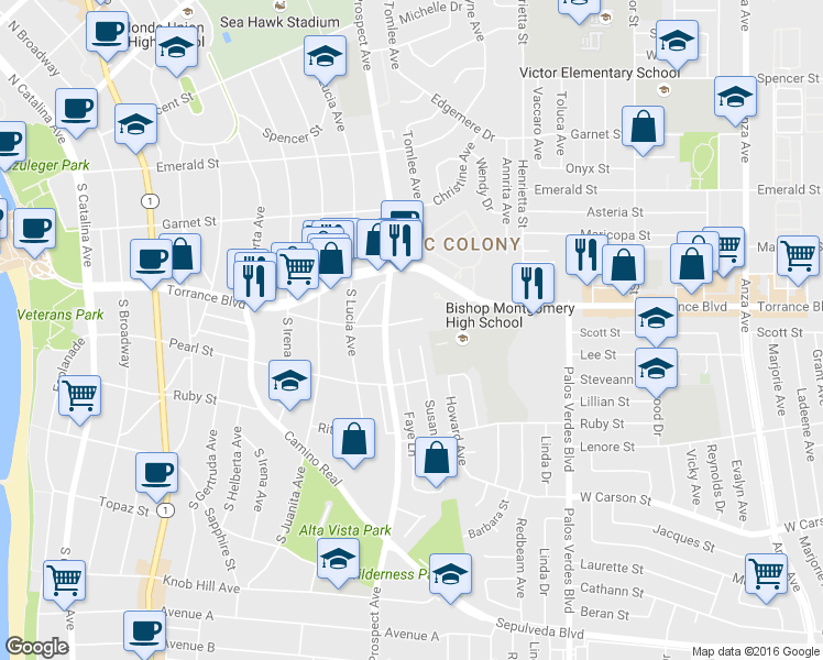 map of restaurants, bars, coffee shops, grocery stores, and more near 1108 Opal Street in Redondo Beach