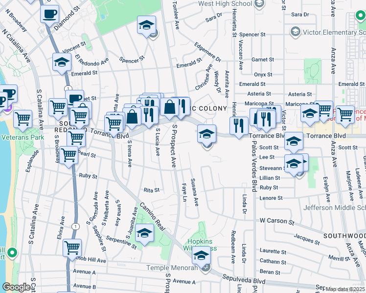 map of restaurants, bars, coffee shops, grocery stores, and more near 1108 Opal Street in Redondo Beach