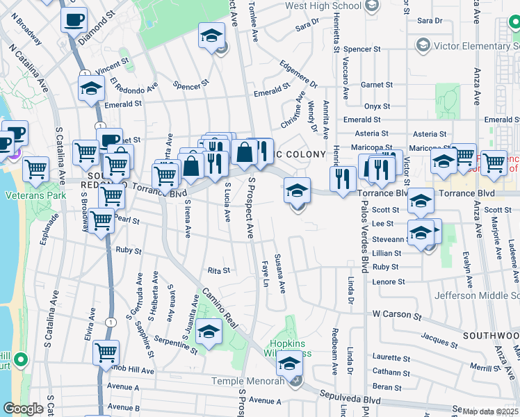 map of restaurants, bars, coffee shops, grocery stores, and more near 1108 Opal Street in Redondo Beach