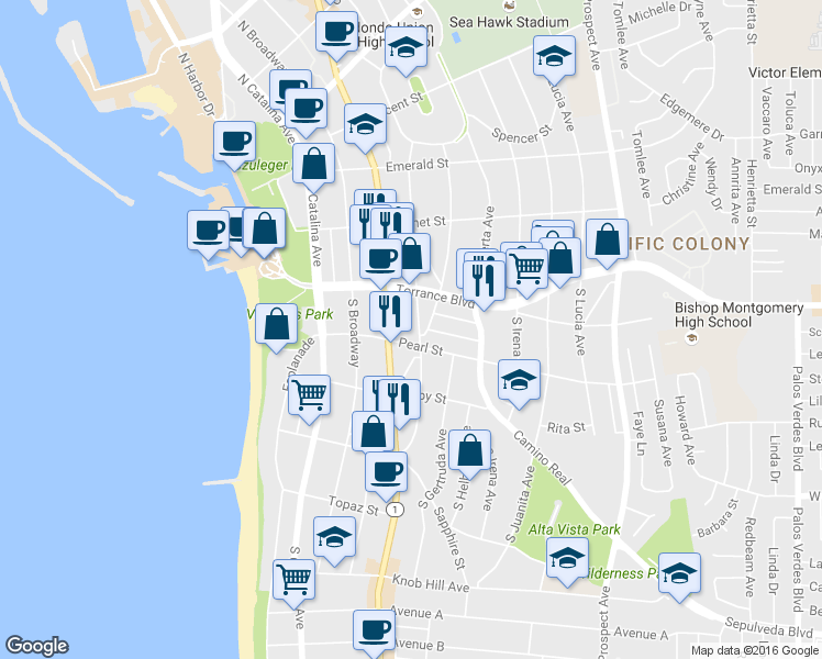 map of restaurants, bars, coffee shops, grocery stores, and more near 319 South Francisca Avenue in Redondo Beach