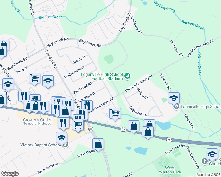 map of restaurants, bars, coffee shops, grocery stores, and more near 284 Zion Wood Road in Loganville