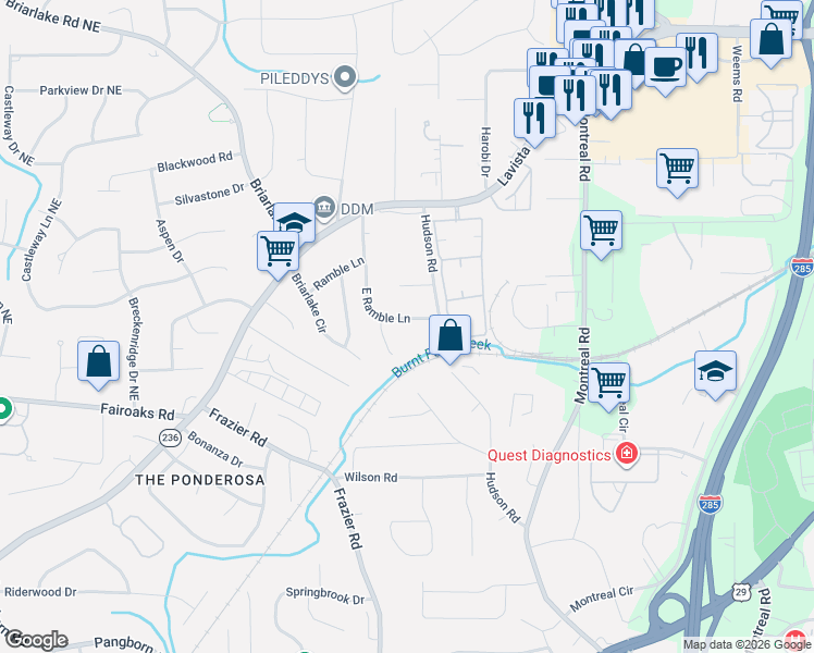 map of restaurants, bars, coffee shops, grocery stores, and more near 3045 East Ramble Lane in Decatur