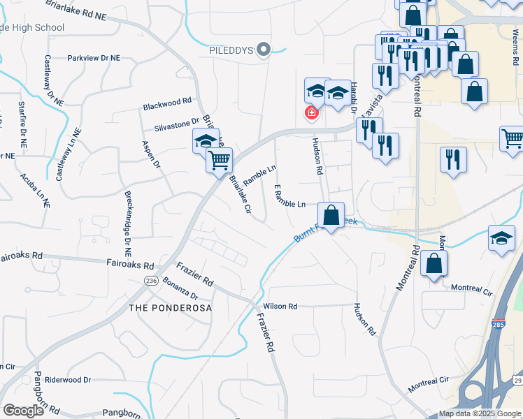 map of restaurants, bars, coffee shops, grocery stores, and more near 1737 Briarlake Circle in Decatur