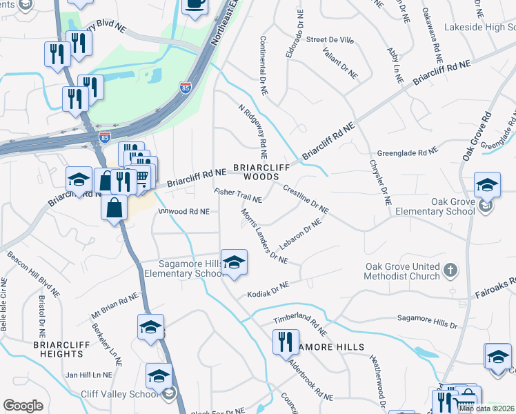 map of restaurants, bars, coffee shops, grocery stores, and more near 1808 Fisher Trail Northeast in Atlanta