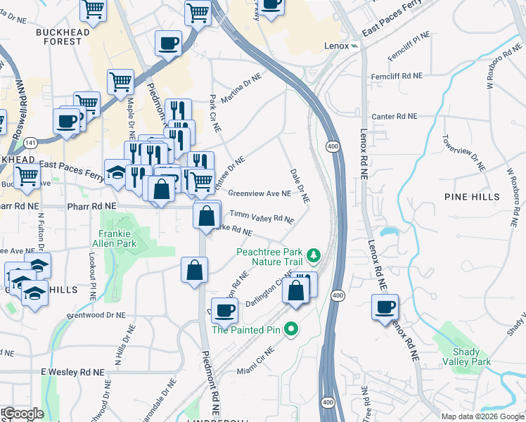 map of restaurants, bars, coffee shops, grocery stores, and more near 654 Timm Valley Road Northeast in Atlanta