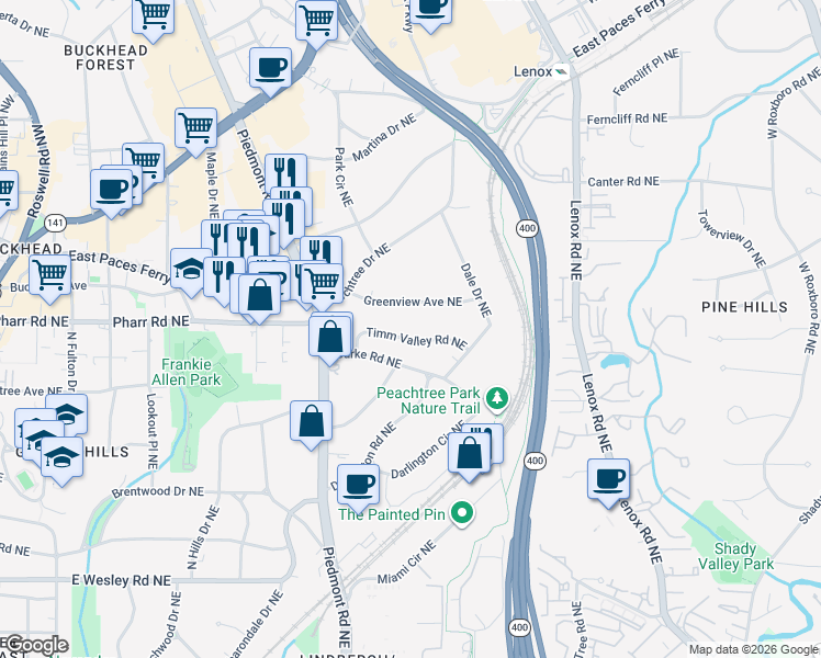 map of restaurants, bars, coffee shops, grocery stores, and more near 654 Timm Valley Road Northeast in Atlanta