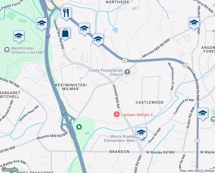 map of restaurants, bars, coffee shops, grocery stores, and more near 1068 Moores Mill Road Northwest in Atlanta