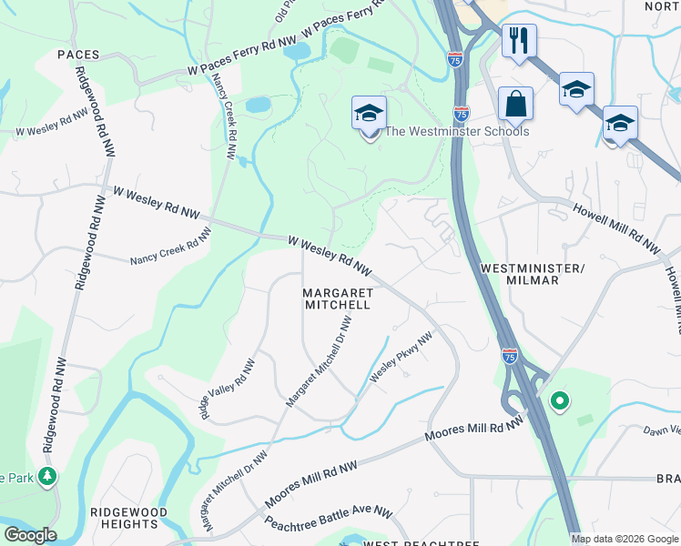 map of restaurants, bars, coffee shops, grocery stores, and more near 1480 West Wesley Road Northwest in Atlanta
