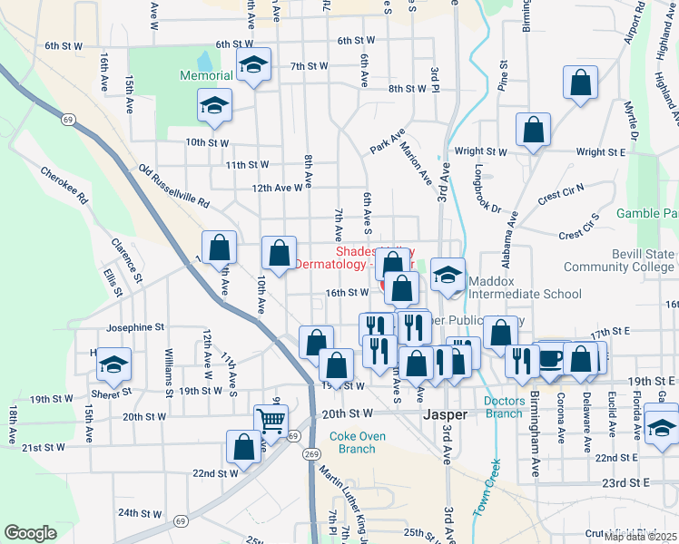 map of restaurants, bars, coffee shops, grocery stores, and more near 602 15th Street West in Jasper