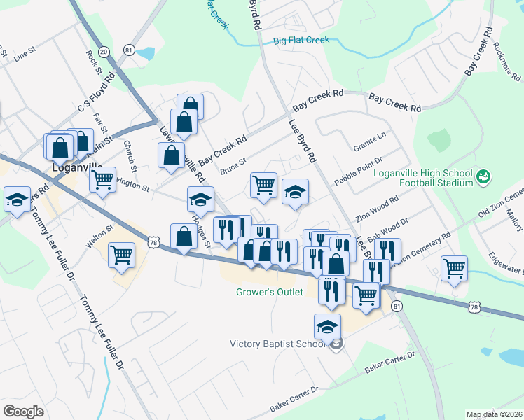 map of restaurants, bars, coffee shops, grocery stores, and more near 7728 Hampton Place in Loganville