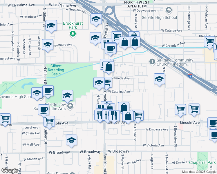 map of restaurants, bars, coffee shops, grocery stores, and more near 2178 West Brownwood Avenue in Anaheim