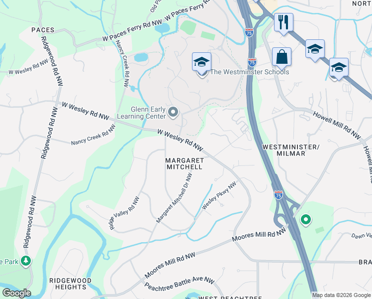 map of restaurants, bars, coffee shops, grocery stores, and more near 1480 West Wesley Road Northwest in Atlanta