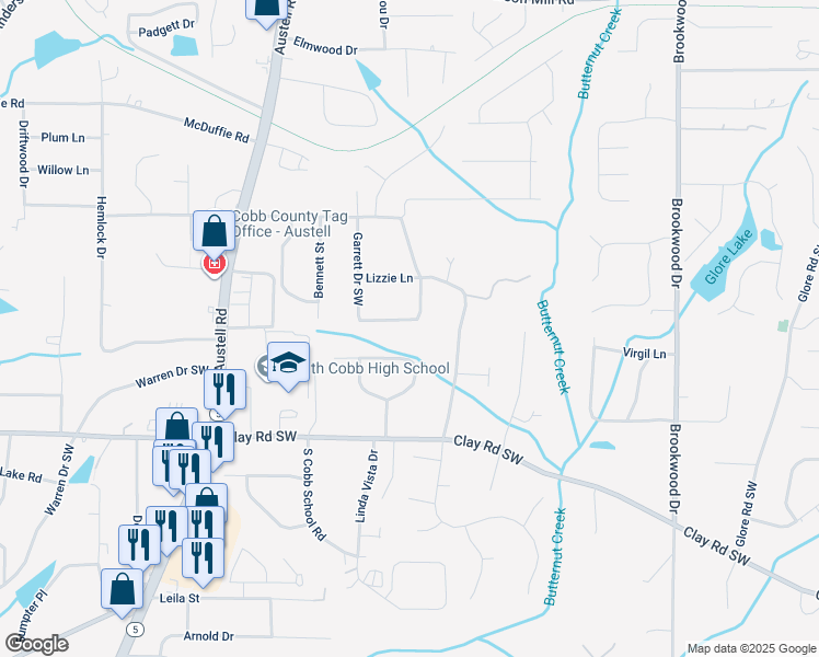 map of restaurants, bars, coffee shops, grocery stores, and more near 1707 Virginia Circle in Mableton