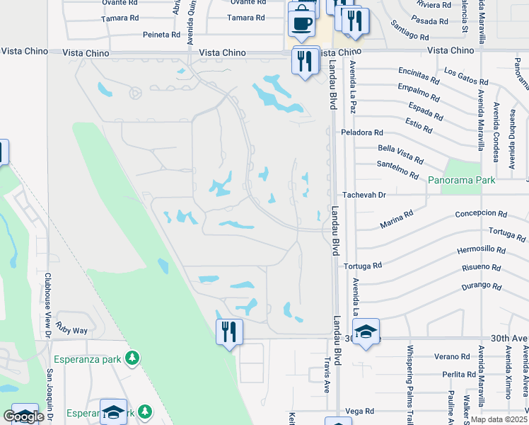 map of restaurants, bars, coffee shops, grocery stores, and more near 28979 Desert Princess Drive in Cathedral City