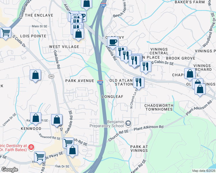 map of restaurants, bars, coffee shops, grocery stores, and more near 2323 Longcourt Way in Atlanta