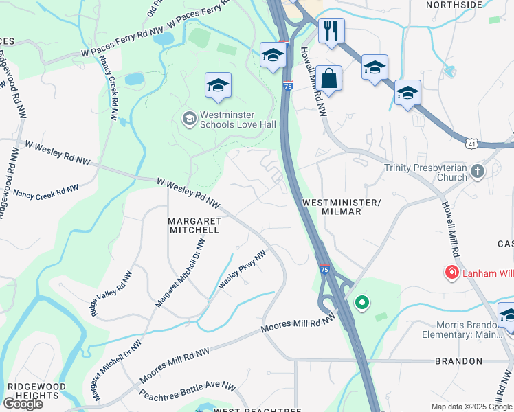map of restaurants, bars, coffee shops, grocery stores, and more near 1430 Wesley Walk Northwest in Atlanta