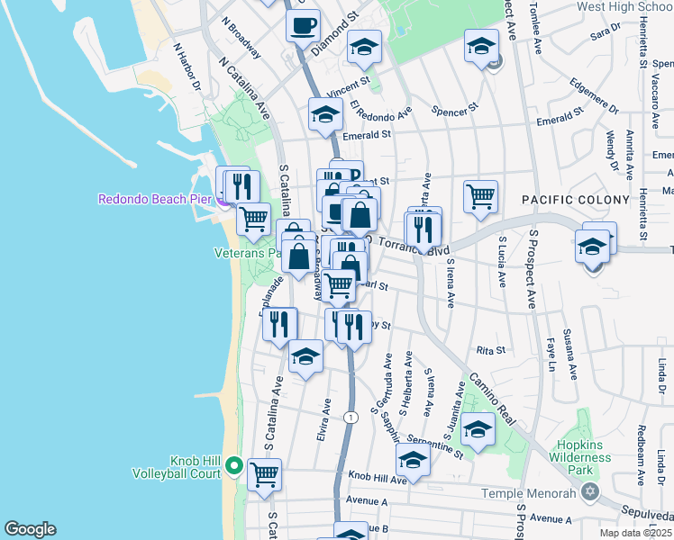 map of restaurants, bars, coffee shops, grocery stores, and more near 215 Pearl Street in Redondo Beach
