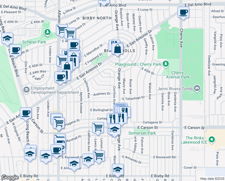 map of restaurants, bars, coffee shops, grocery stores, and more near 4415 Cerritos Avenue in Long Beach