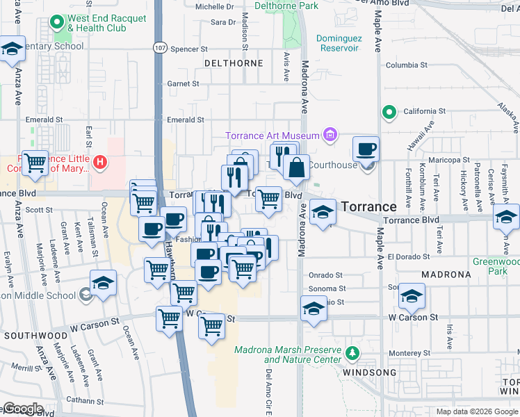 map of restaurants, bars, coffee shops, grocery stores, and more near 3538 Torrance Boulevard in Torrance