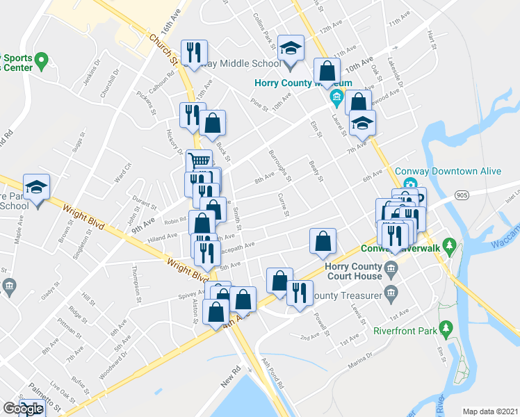 map of restaurants, bars, coffee shops, grocery stores, and more near 1512 Hiland Avenue in Conway