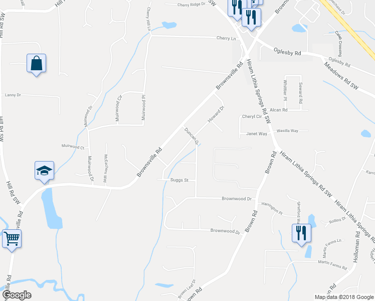map of restaurants, bars, coffee shops, grocery stores, and more near 4813 Howard Drive in Powder Springs
