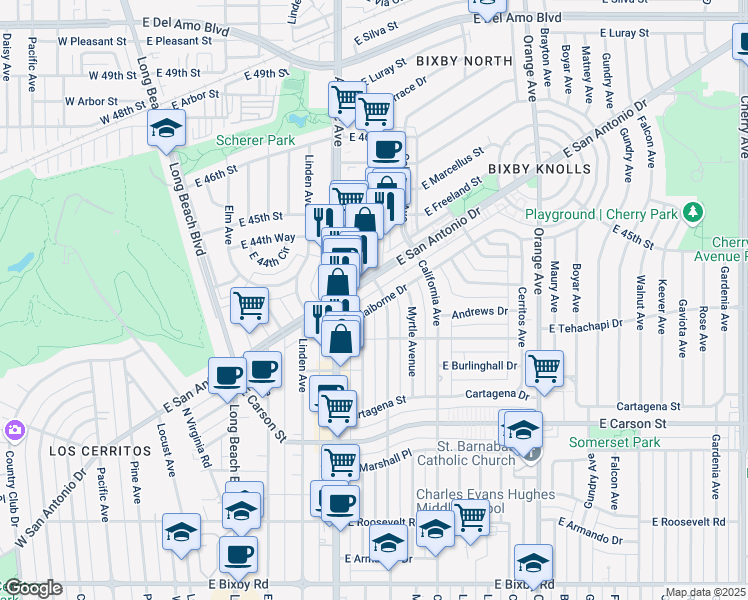 map of restaurants, bars, coffee shops, grocery stores, and more near 725 East Claiborne Drive in Long Beach