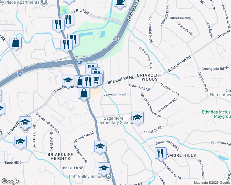 map of restaurants, bars, coffee shops, grocery stores, and more near 1998 Innwood Road Northeast in Atlanta