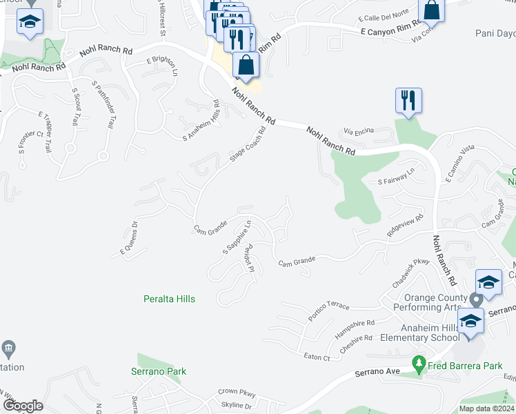 map of restaurants, bars, coffee shops, grocery stores, and more near 710 South Tourmaline Court in Anaheim