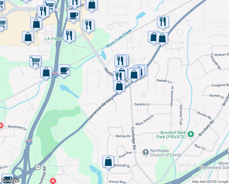 map of restaurants, bars, coffee shops, grocery stores, and more near 3298 Lawrenceville Hwy in Tucker