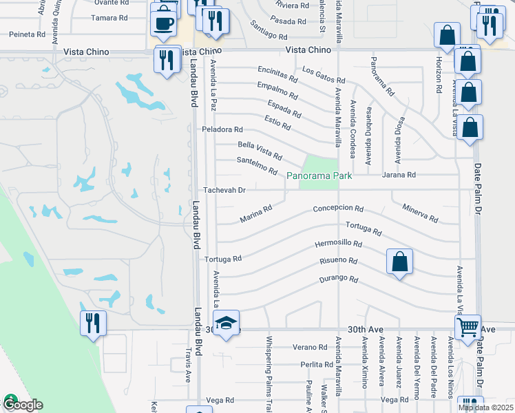 map of restaurants, bars, coffee shops, grocery stores, and more near 68210 Marina Road in Cathedral City