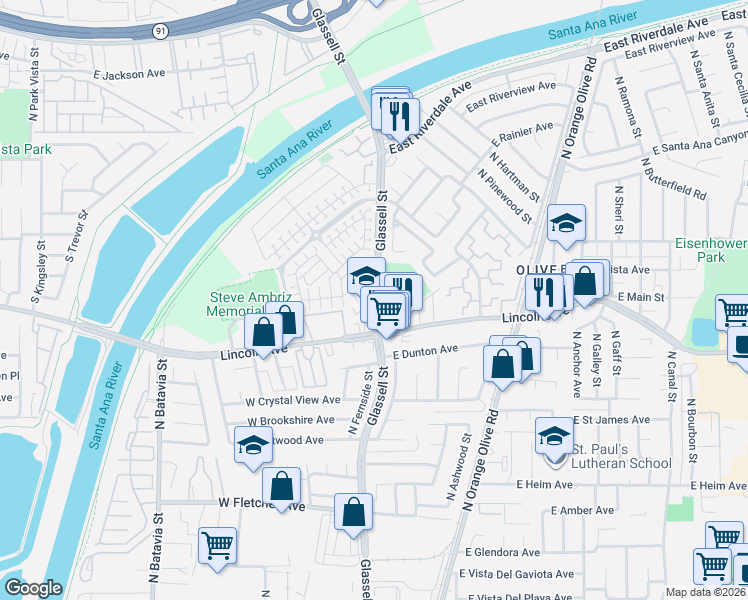 map of restaurants, bars, coffee shops, grocery stores, and more near 2841 North Glassell Street in Orange
