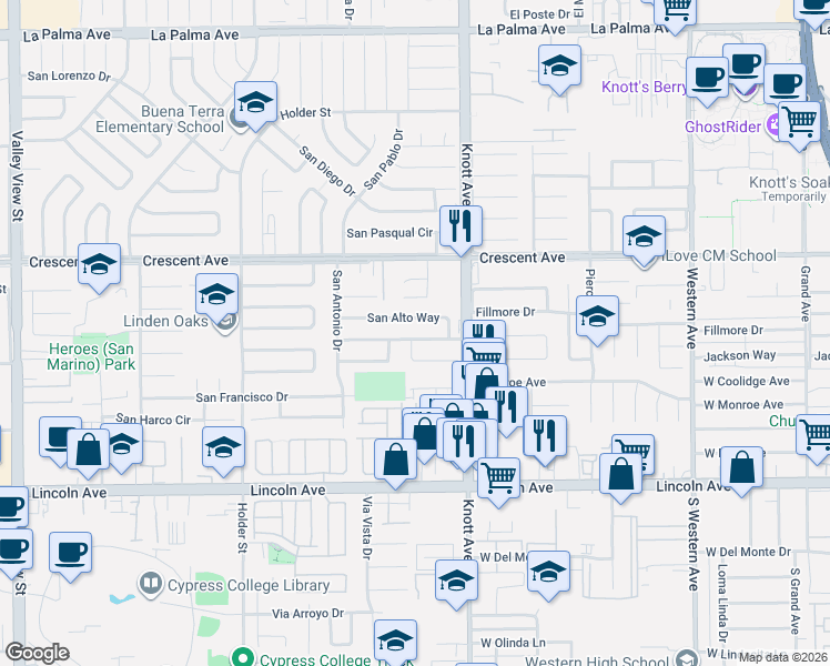 map of restaurants, bars, coffee shops, grocery stores, and more near 6893 San Bruno Drive in Buena Park
