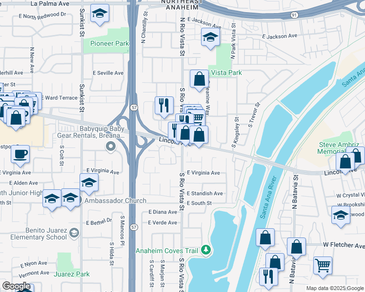map of restaurants, bars, coffee shops, grocery stores, and more near 3520 East La Palma Avenue in Anaheim