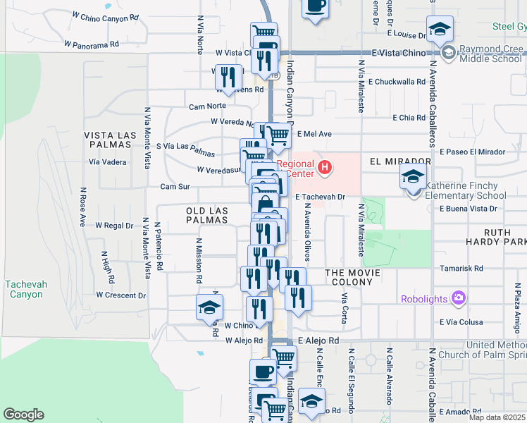 map of restaurants, bars, coffee shops, grocery stores, and more near 1089 North Palm Canyon Drive in Palm Springs