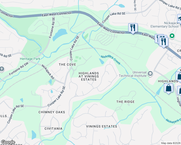 map of restaurants, bars, coffee shops, grocery stores, and more near 4974 Highland Oaks Way in Mableton