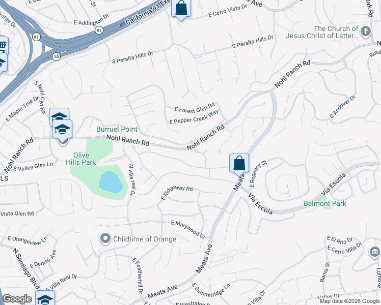 map of restaurants, bars, coffee shops, grocery stores, and more near 2850 North Kingsgate Drive in Orange