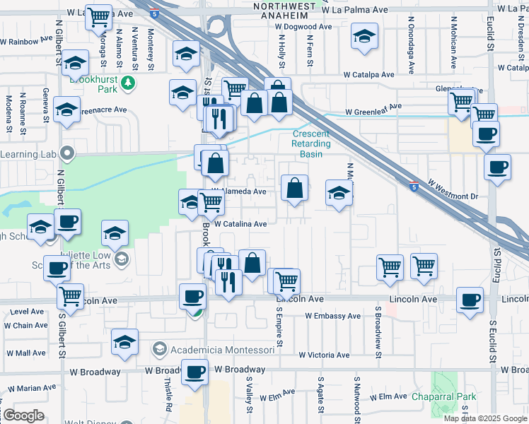 map of restaurants, bars, coffee shops, grocery stores, and more near 2112 West Brownwood Avenue in Anaheim