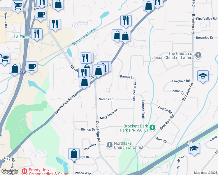 map of restaurants, bars, coffee shops, grocery stores, and more near 3718 Sheridan Street in Tucker